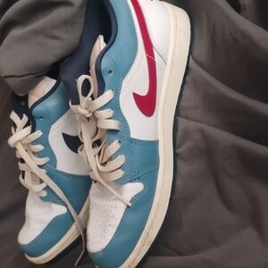 Jordan White and Blue Sneakers with Red Highlights